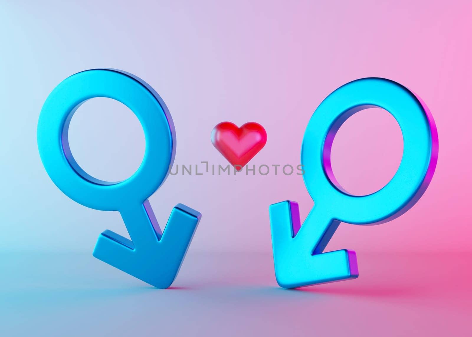 Two male sex symbols with heart and neon light. Mars symbol for men. Gender sign. Alternative love, LGBT community. Gay couple, relationship. Diversity, homosexuality, equal marriage. 3D rendering