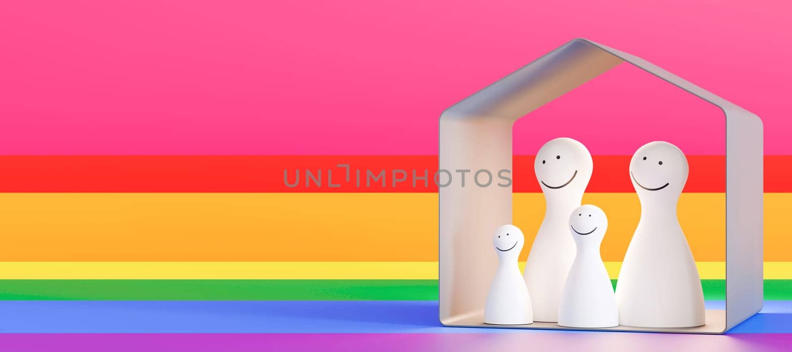 LGBT family figures, banner with copy space. Homosexual parents with children. LGBT adoption concept. LGBTQ, include lesbians, gays, bisexuals and transgender people. Equal marriage. 3D rendering. by creativebird