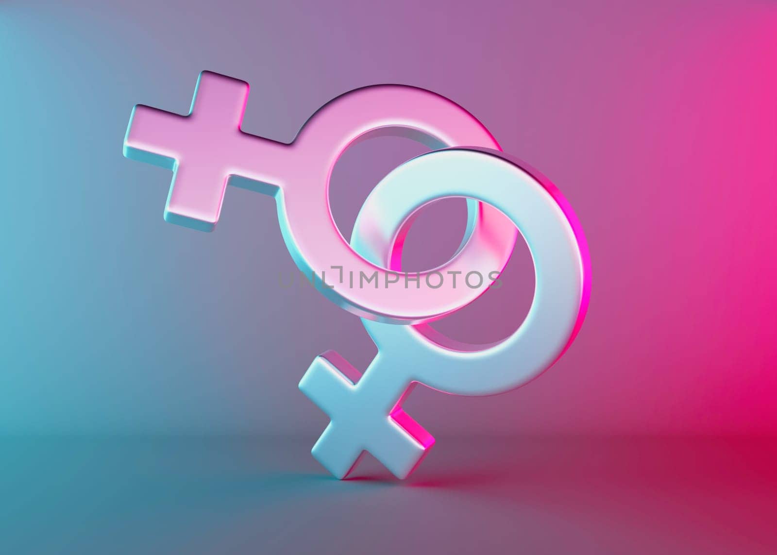 Two female sex symbols with neon light. Venus symbol for women. Gender sign. Love, LGBT community. Lesbians couple, relationship. Diversity, homosexuality, equal marriage. 3D rendering