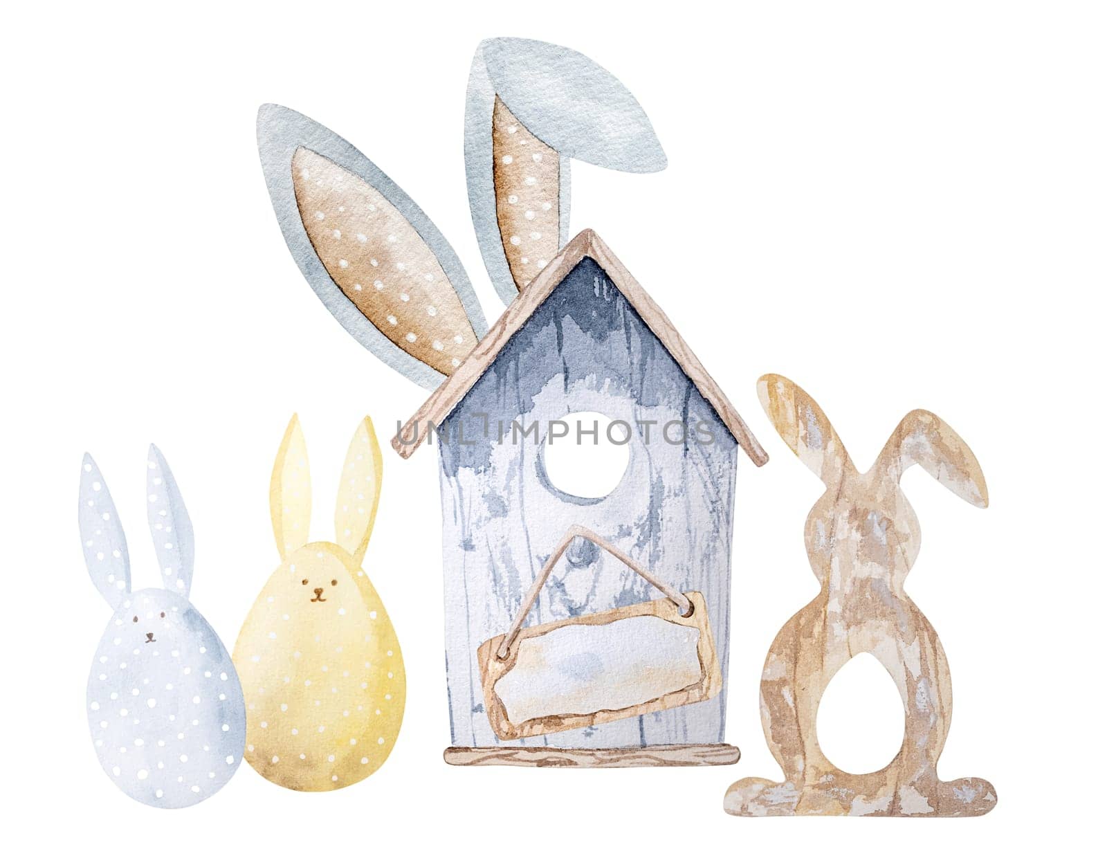 Easter watercolor art with rabbit, eggs and bird house with bunny ears decoration. Cute spring religion holidays postcard