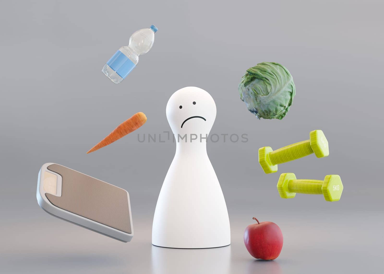 Sad, depressed person has problems with weight. Try to be fit, lose weight. Trying to eat healthy and make sport. Confusion, anxiety. Worrying about body shape. Diet is disappointing. 3D rendering