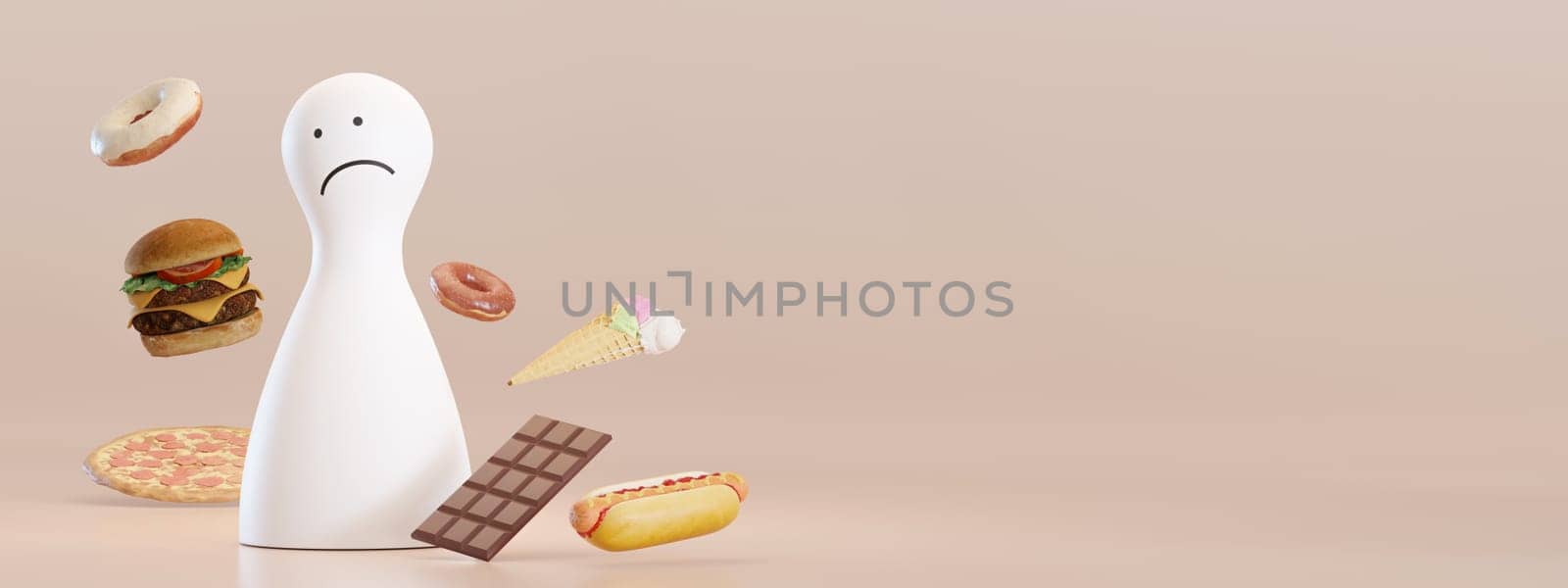 Sad, depressed person and unhealthy fast food. Banner with copy space. Problems with weight. Confusion, anxiety. Worrying about body shape. Diet. Try to be fit, lose weight. Eat unhealthy. 3D render