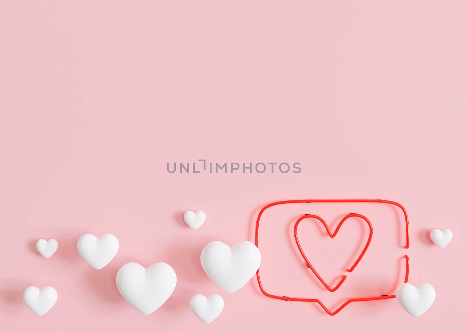 Pink background with hearts and copy space. Valentine's Day, Mother's Day, Wedding backdrop. Empty space for advertising text, invitation, logo. Postcard, greeting card design. Love symbol. 3D render
