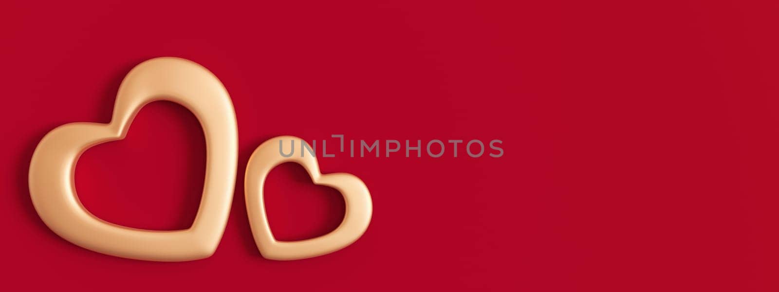 Dark red background with golden hearts and copy space. Valentine's Day, Wedding backdrop. Empty space for advertising text, invitation, logo. Postcard, greeting card design. Love symbol. 3D render. by creativebird