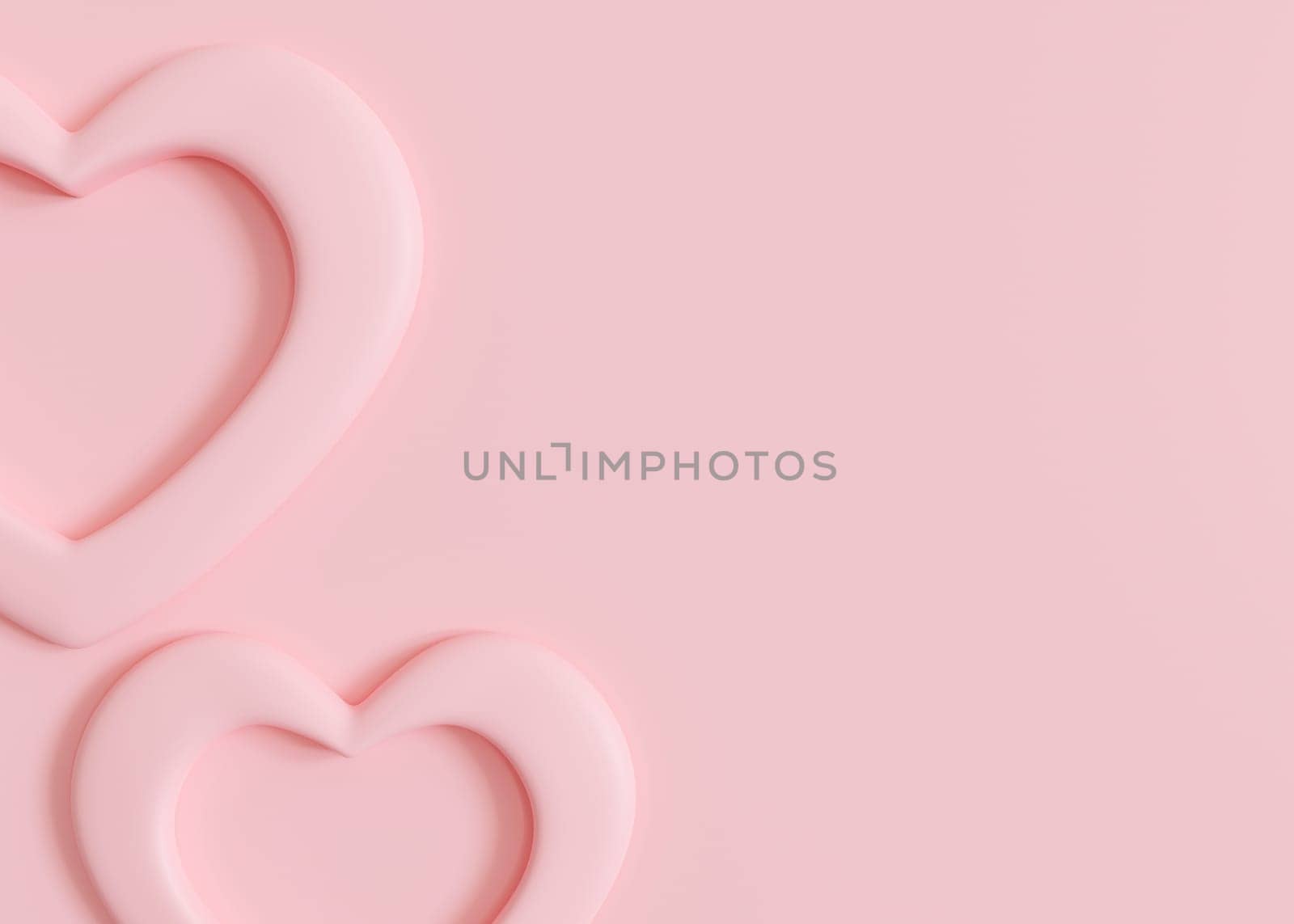 Pink background with hearts and copy space. Valentine's Day, Mother's Day, Wedding backdrop. Empty space for advertising text, invitation, logo. Postcard, greeting card design. Love symbol. 3D render