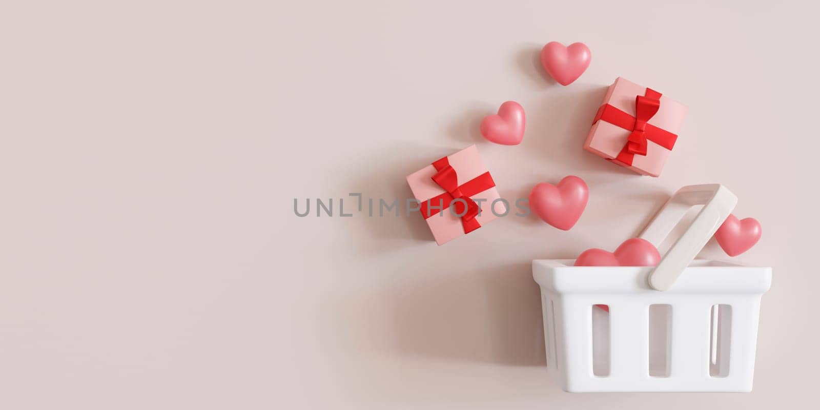 Shopping basket with gift boxes and hearts on beige background with empty space for text, copy space. Buying presents. Valentine's Day, Mother's or Woman's Day shopping, sale. 3D illustration