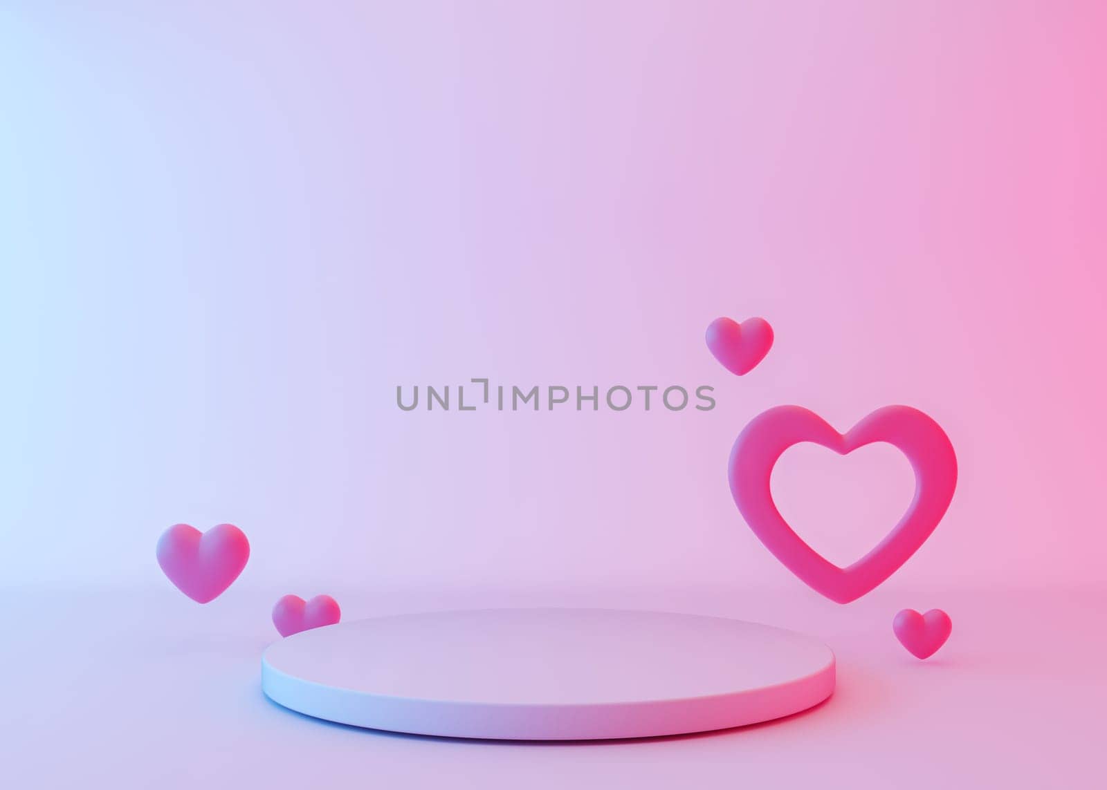 Pink podium with hearts flying in the air and neon lighting. Valentine's Day, Mother's Day, Wedding. Podium for product, cosmetic presentation. Mock up. Pedestal or platform. 3D rendering. by creativebird