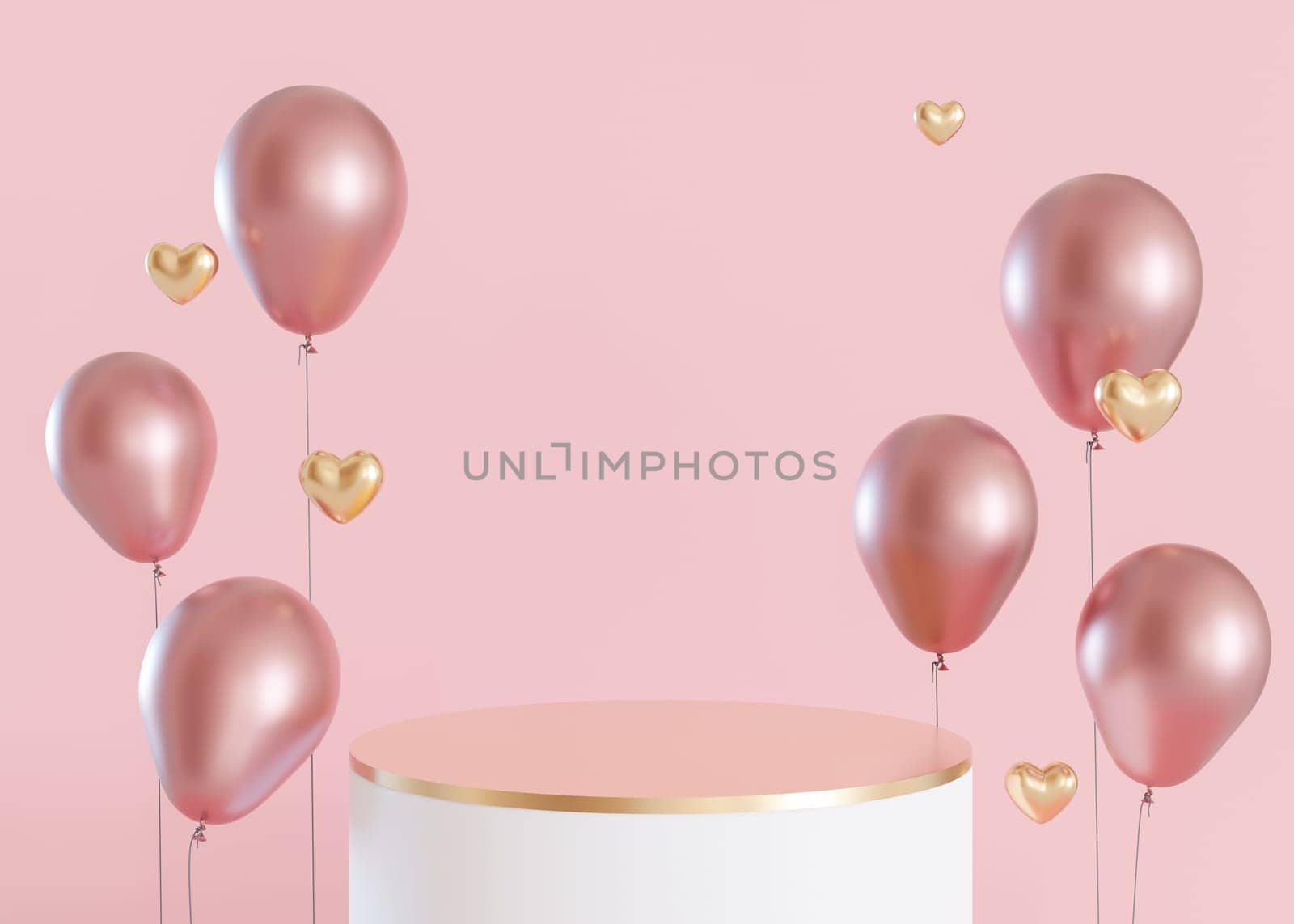 Golden podium with hearts and balloons flying in the air. Valentine's Day, Mother's Day, Wedding. Podium for product, cosmetic presentation. Mock up. Pedestal or platform for beauty products. 3D render. by creativebird