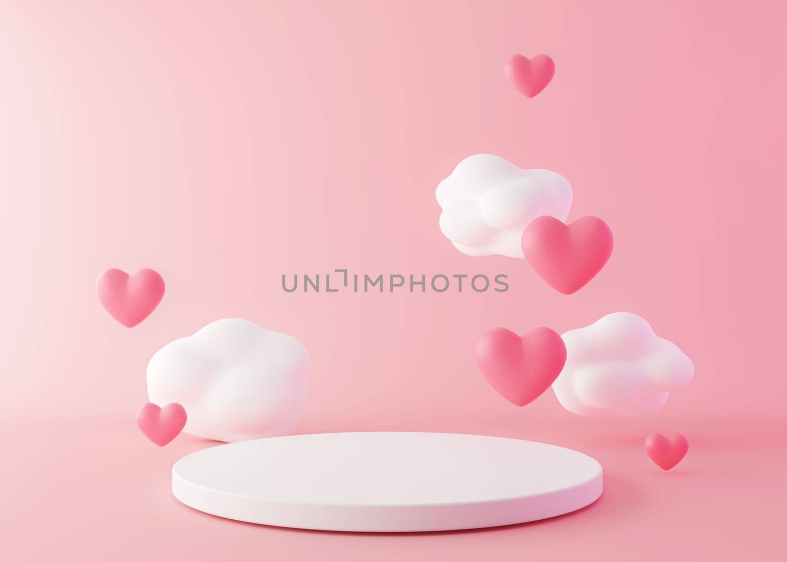 Pink podium with hearts and clouds flying in the air. Valentine's Day, Mother's Day, Wedding. Podium for product, cosmetic presentation. Mock up. Pedestal or platform for beauty products. 3D render. by creativebird
