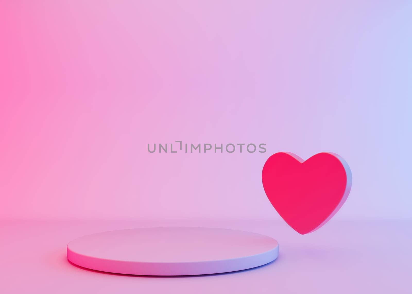 Pink podium with heart and neon lighting. Valentine's Day, Mother's Day, Wedding. Podium for product, cosmetic presentation. Mock up. Pedestal or platform for beauty products. 3D rendering