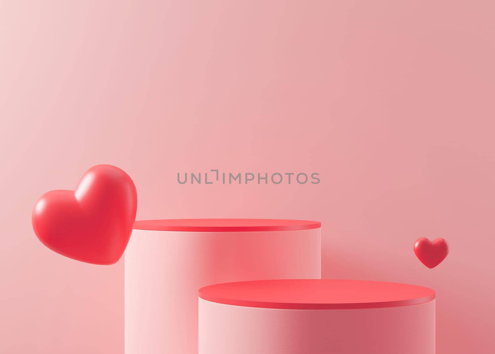 Two podiums with red hearts flying in the air. Valentine's Day, Mother's Day, Wedding. Podium for product, cosmetic presentation. Mock up. Pedestal or platform for beauty products. 3D render