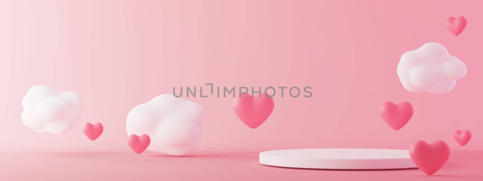 Pink podium with hearts and clouds flying in the air. Valentine's Day, Mother's Day, Wedding. Podium for product, cosmetic presentation. Mock up. Pedestal or platform for beauty products. 3D render