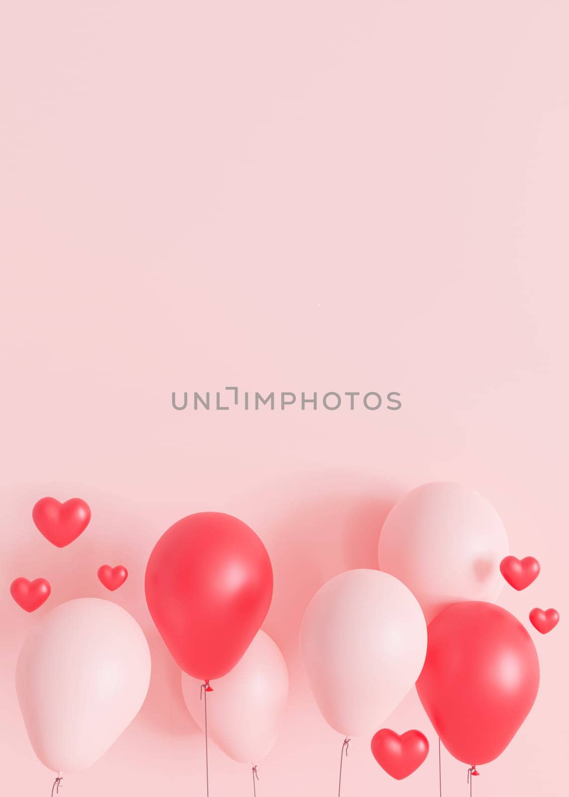 Pink vertical background with hearts, balloons and copy space. Valentine's Day, Mother's Day backdrop. Empty space for advertising text, invitation, logo. Postcard, greeting card design. 3D render