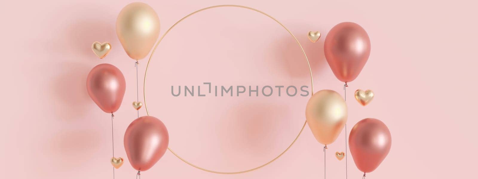 Pink background with golden hearts, balloons and copy space. Valentine's Day, Mother's Day, Wedding backdrop. Empty space for advertising text, invitation, logo. Banner. 3D render