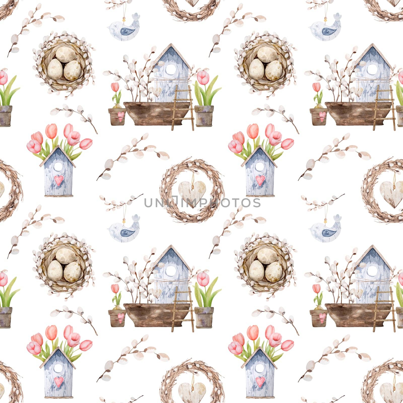 Beautiful pink tulip flowers, easter willow and eggs in nest with wooden bird house watercolor seamless pattern. Blossom plant for spring holidays