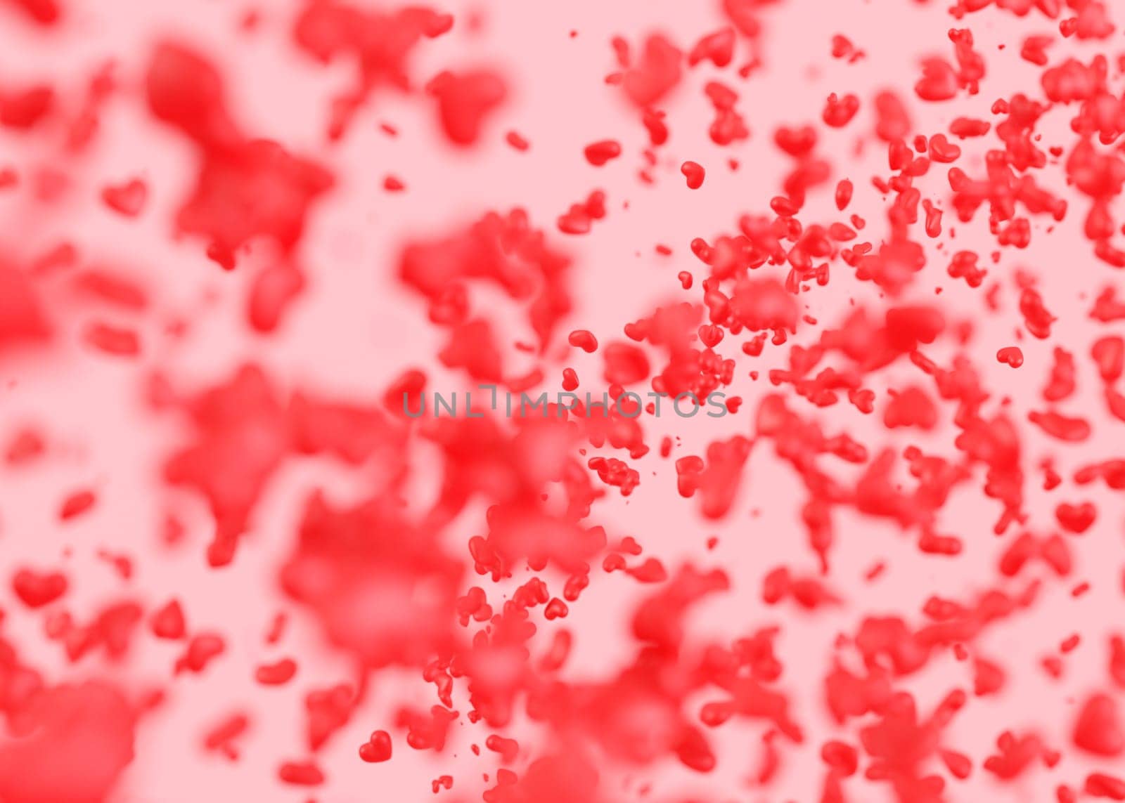 Pink and red background with flying hearts. Valentine's Day, Mother's Day, Wedding backdrop. Motion. Love. Soft focus. 3D render