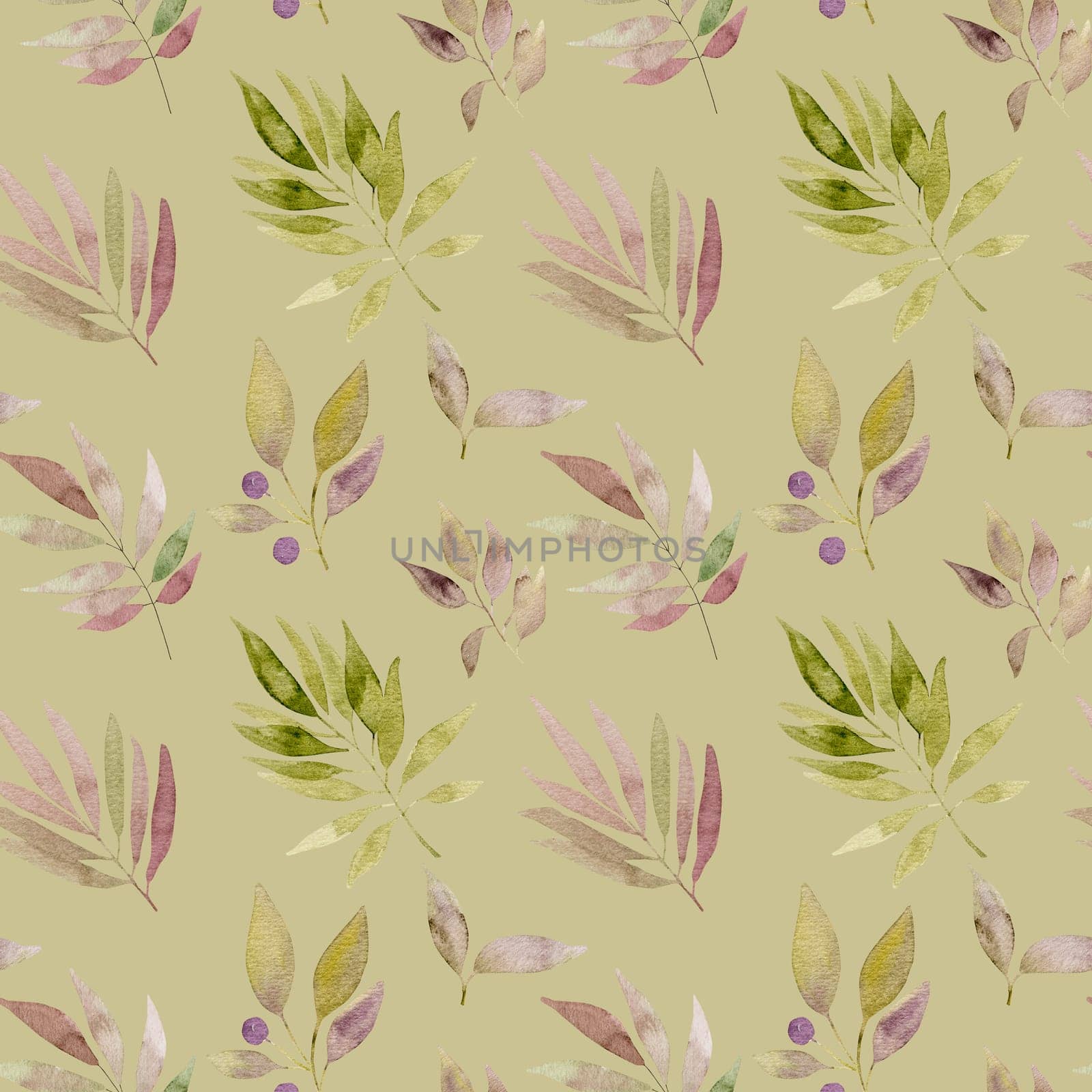 Floral watercolor nature ornament with leaves seamless pattern on yellow background. Botanical blossom spring summer illustration for postcard