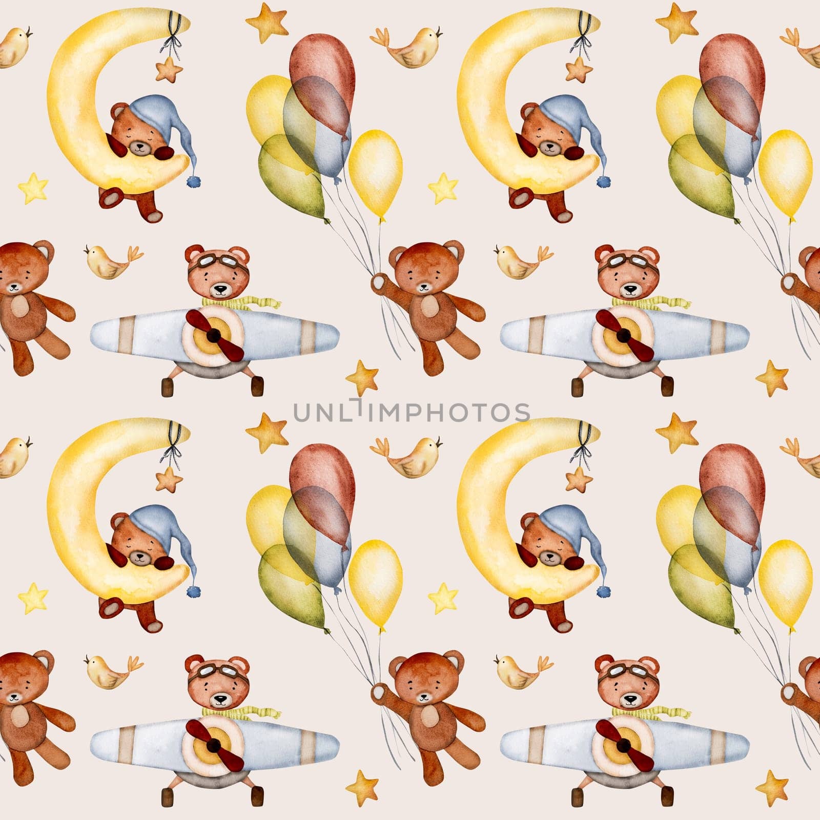 Cute watercolor sweet dreams illustration with teddy bear, moon and air balloon seamless pattern illustration. Cartoon animal with airplane good night postcard design