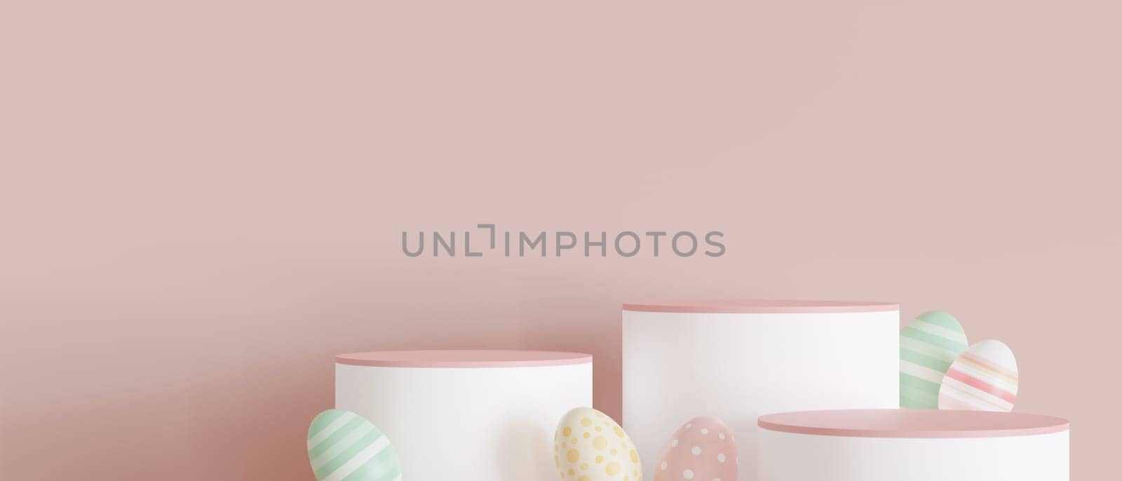 Three white and pink podiums with Easter eggs, copy space. Modern stage for product, cosmetic presentation. Easter mock up. Pedestal, platform for products. Empty scene. Display, showcase. 3D render