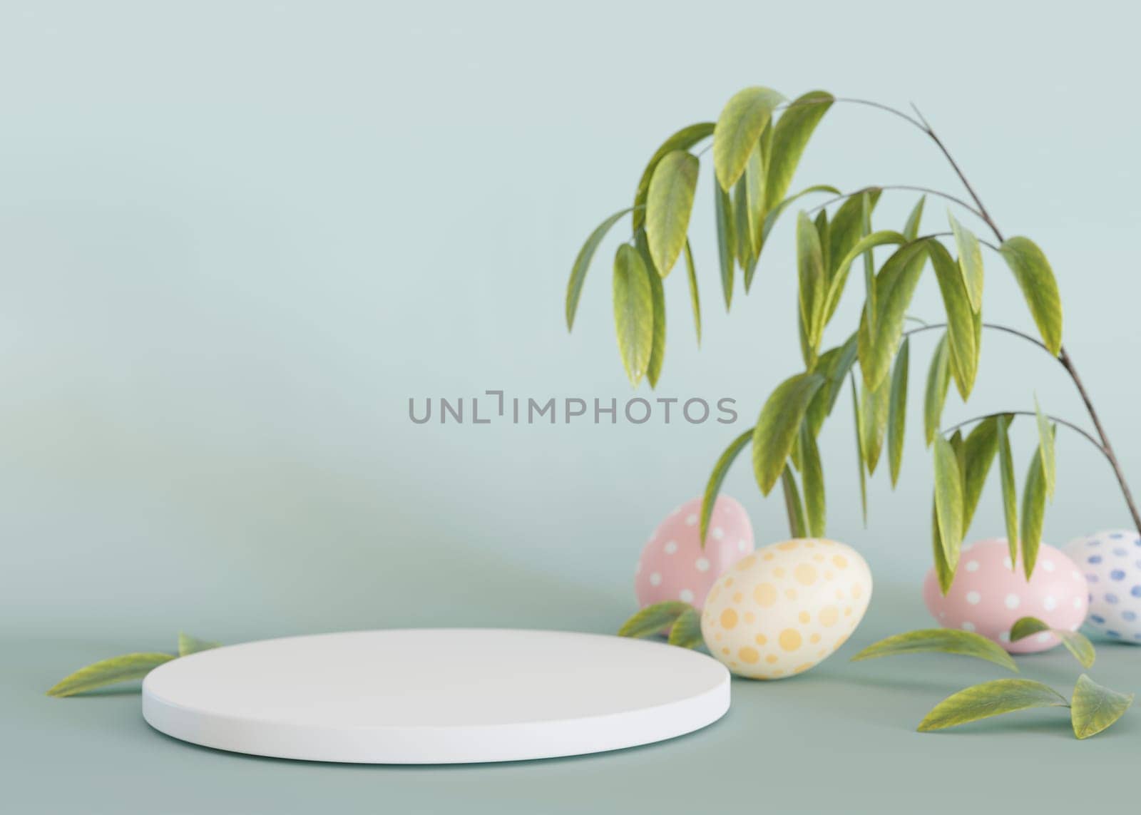 Podium with Easter eggs, leaves and copy space. Modern stage for product, cosmetic presentation. Easter mock up. Pedestal, platform for beauty products. Empty scene. Display, showcase. 3D render. by creativebird