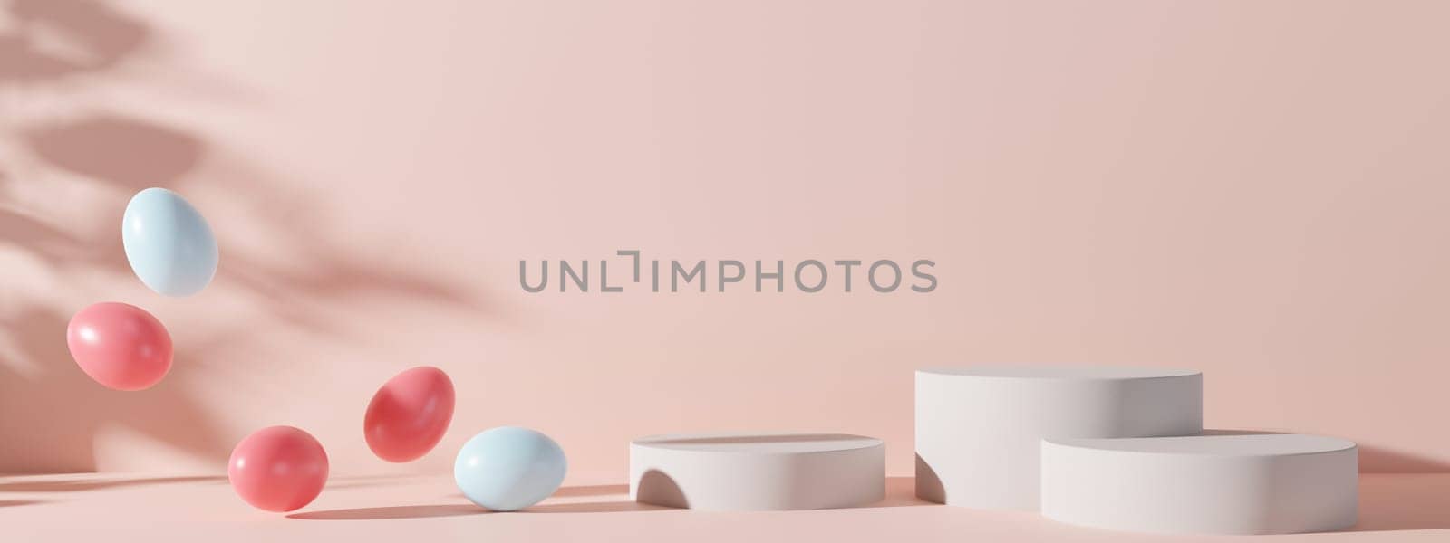 Three podiums with Easter eggs and copy space on pink background. Modern stage for product, cosmetic presentation. Easter mock up. Pedestal, platform. Empty scene. Display, showcase. 3D render