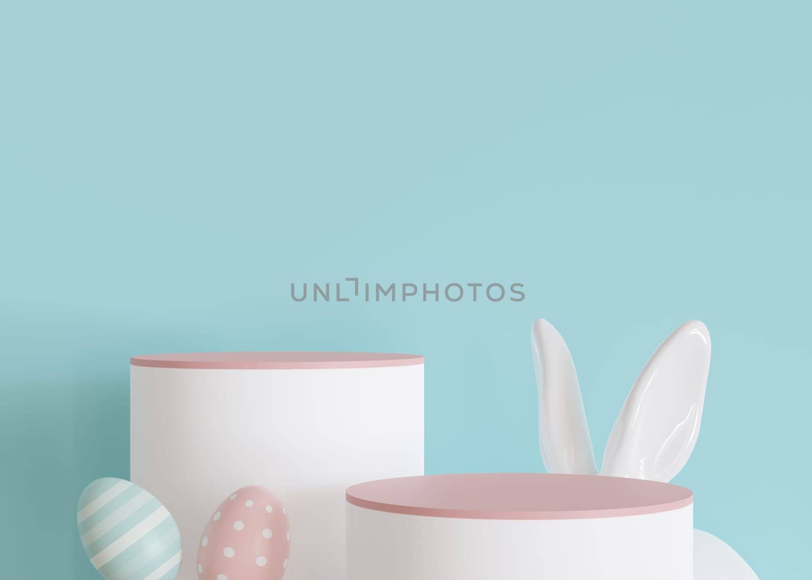 Two podiums with Easter eggs, rabbit ears and copy space on blue background. Stage for product, cosmetic presentation. Easter mock up. Pedestal, platform. Empty scene. Display, showcase. 3D render. by creativebird