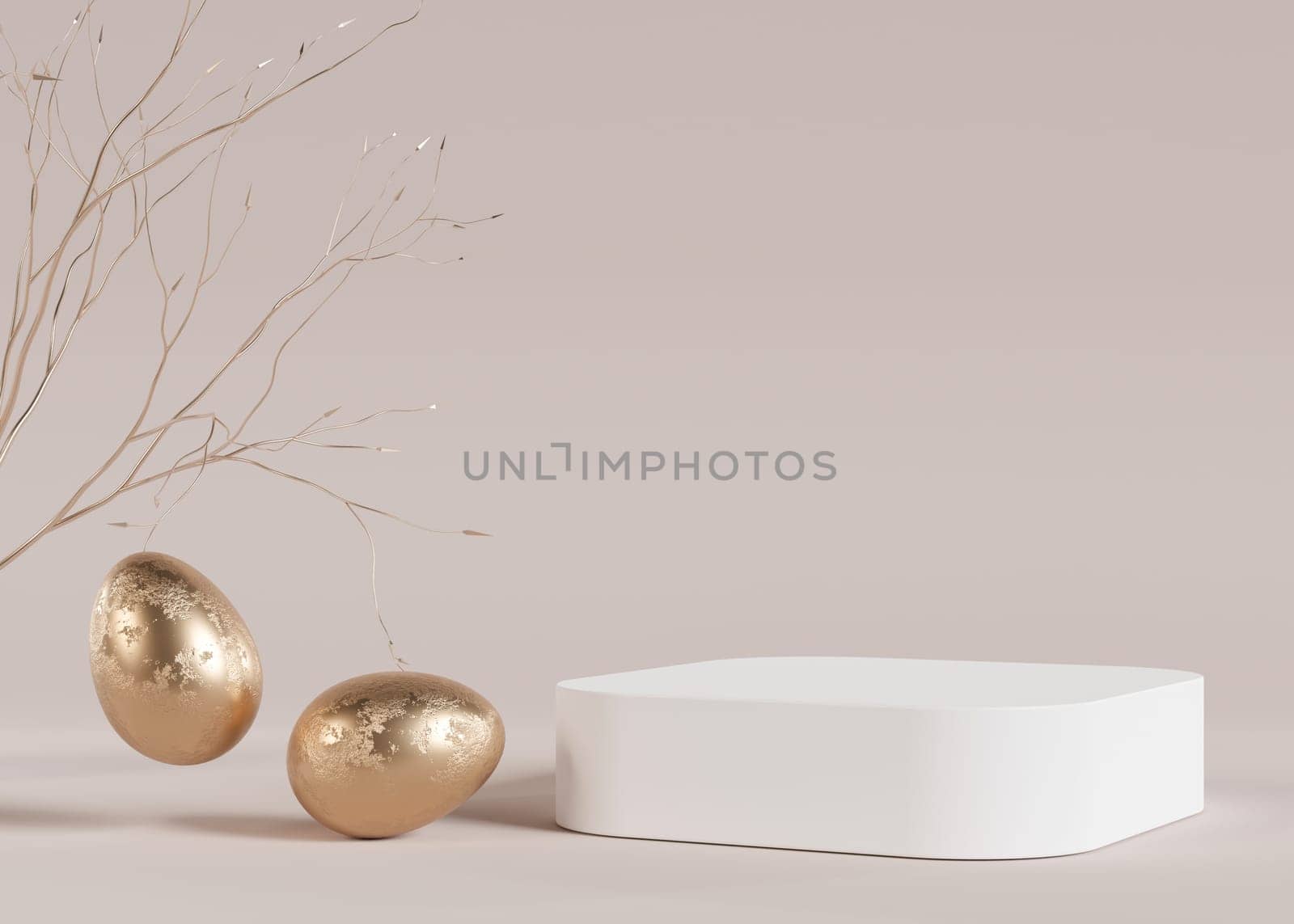 White podium with golden Easter eggs and copy space. Modern stage for product, cosmetic presentation. Easter mock up. Pedestal, platform for beauty products. Empty scene. Display, showcase. 3D render. by creativebird