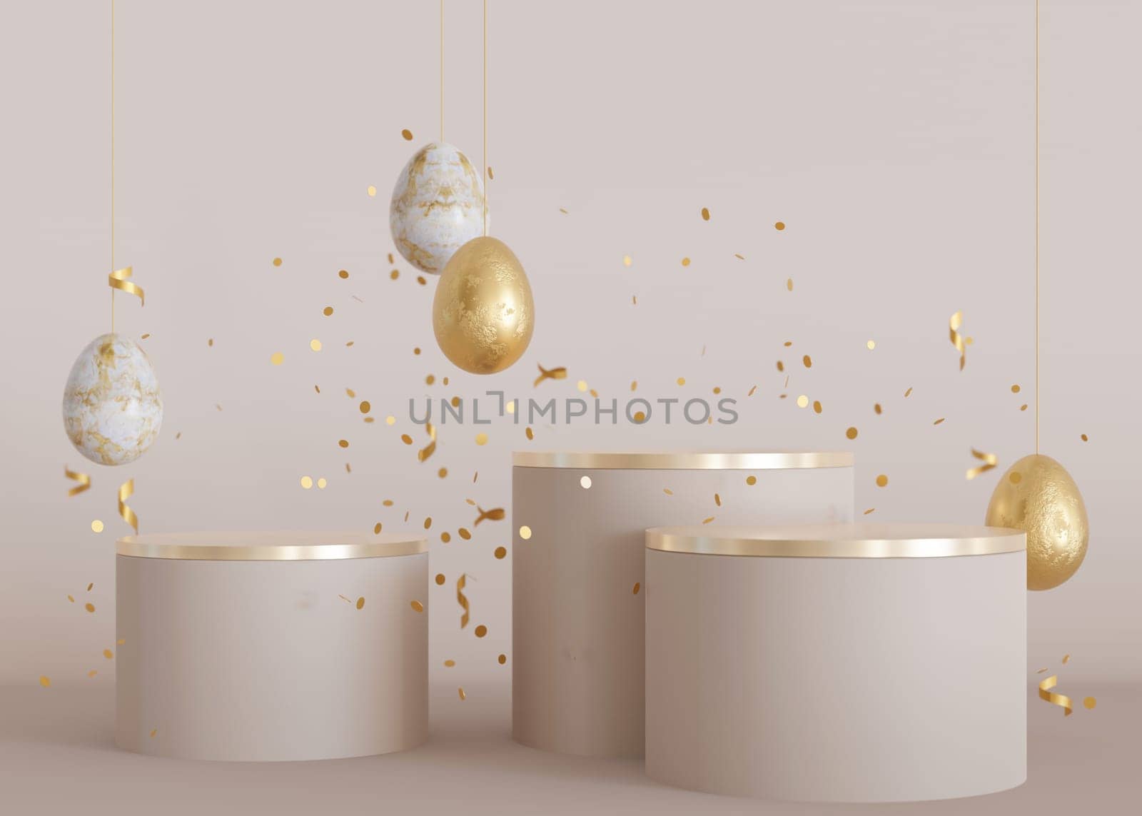 Three podiums with golden Easter eggs and copy space. Modern stage for product, cosmetic presentation. Easter mock-up. Pedestal, platform for beauty products. Empty scene. Display, showcase. 3D render