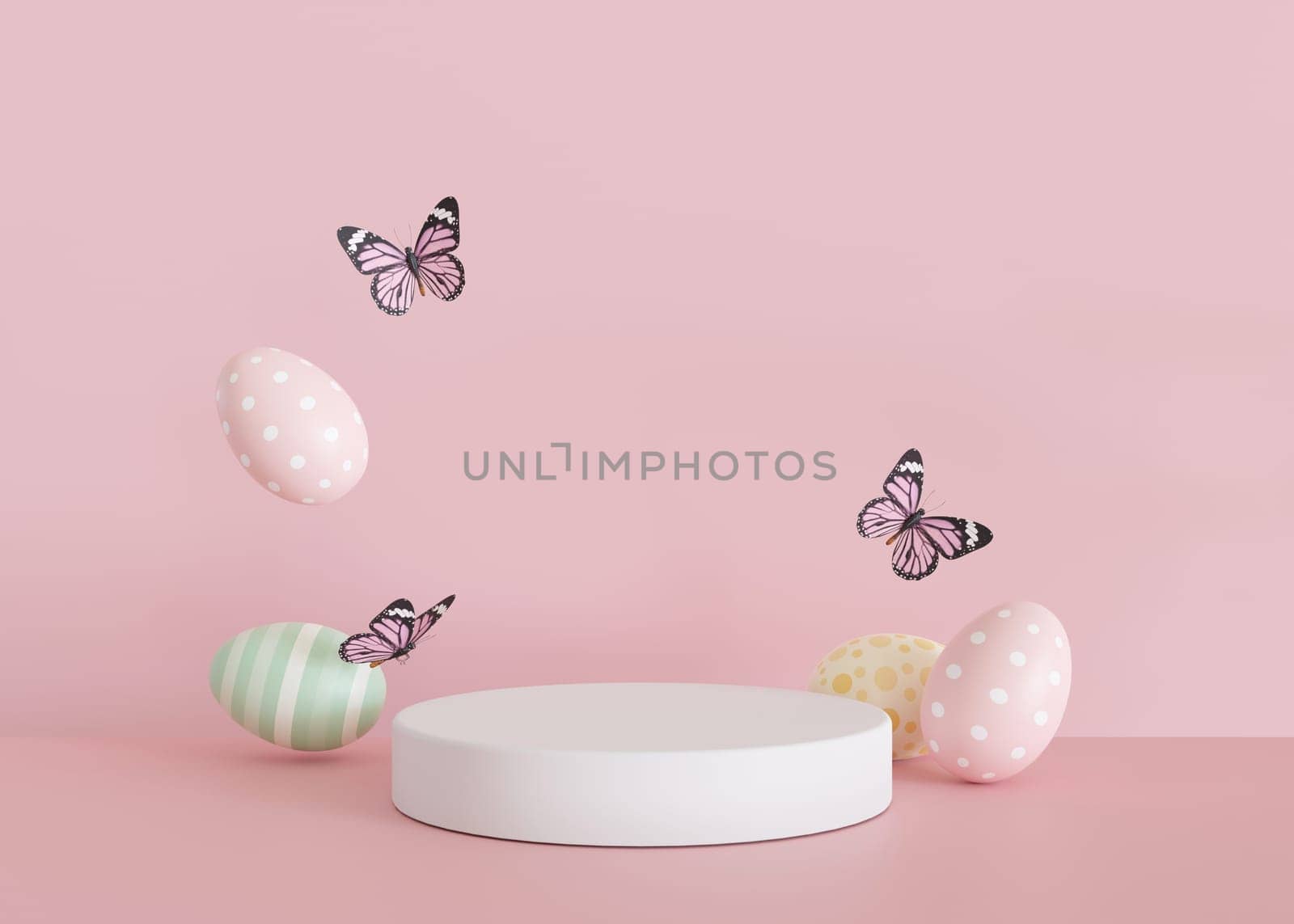 Podium with Easter eggs, butterflies and copy space. Modern stage for product, cosmetic presentation. Easter mock up. Pedestal, platform for beauty products. Empty scene. Display, showcase. 3D render. by creativebird