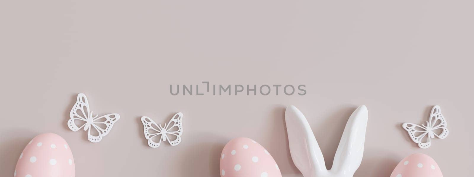 Beige background with Easter eggs, rabbit ears, butterflies and copy space. Easter backdrop. Empty space for text, advertising. Postcard, greeting card design. Pascha, Happy Easter Day. 3D render