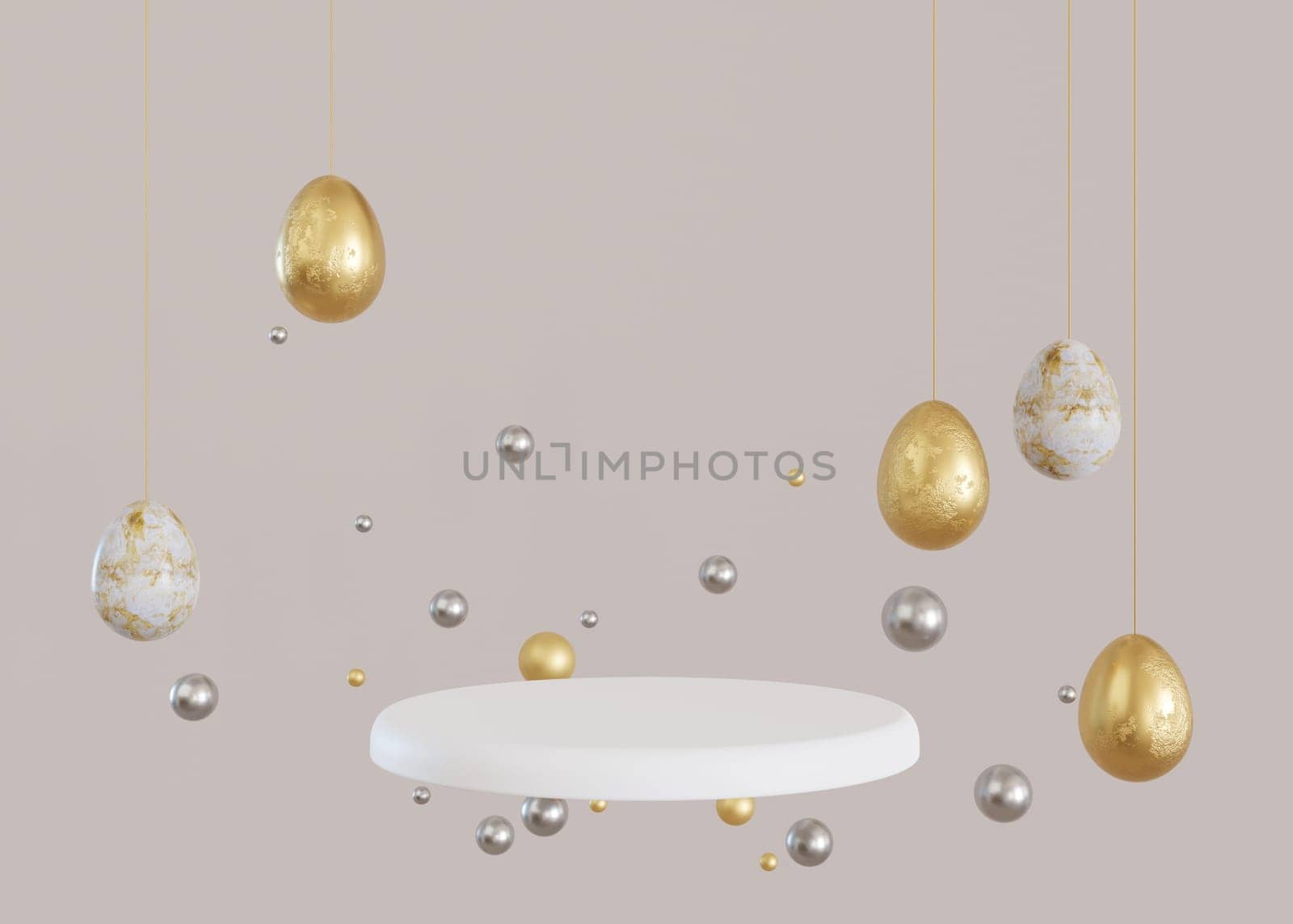 White podium with golden Easter eggs and copy space. Modern stage for product, cosmetic presentation. Easter mock up. Pedestal, platform for beauty products. Empty scene. Display, showcase. 3D render