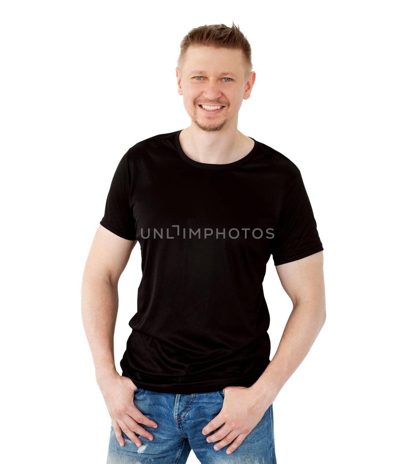 Man in a black T-shirt isolaled on a white background. Blank for your design
