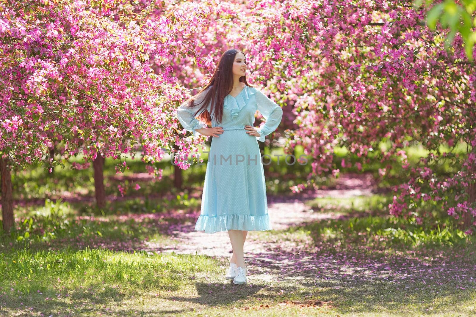 girl in blue dress, is standing near a pink blooming garden by Zakharova