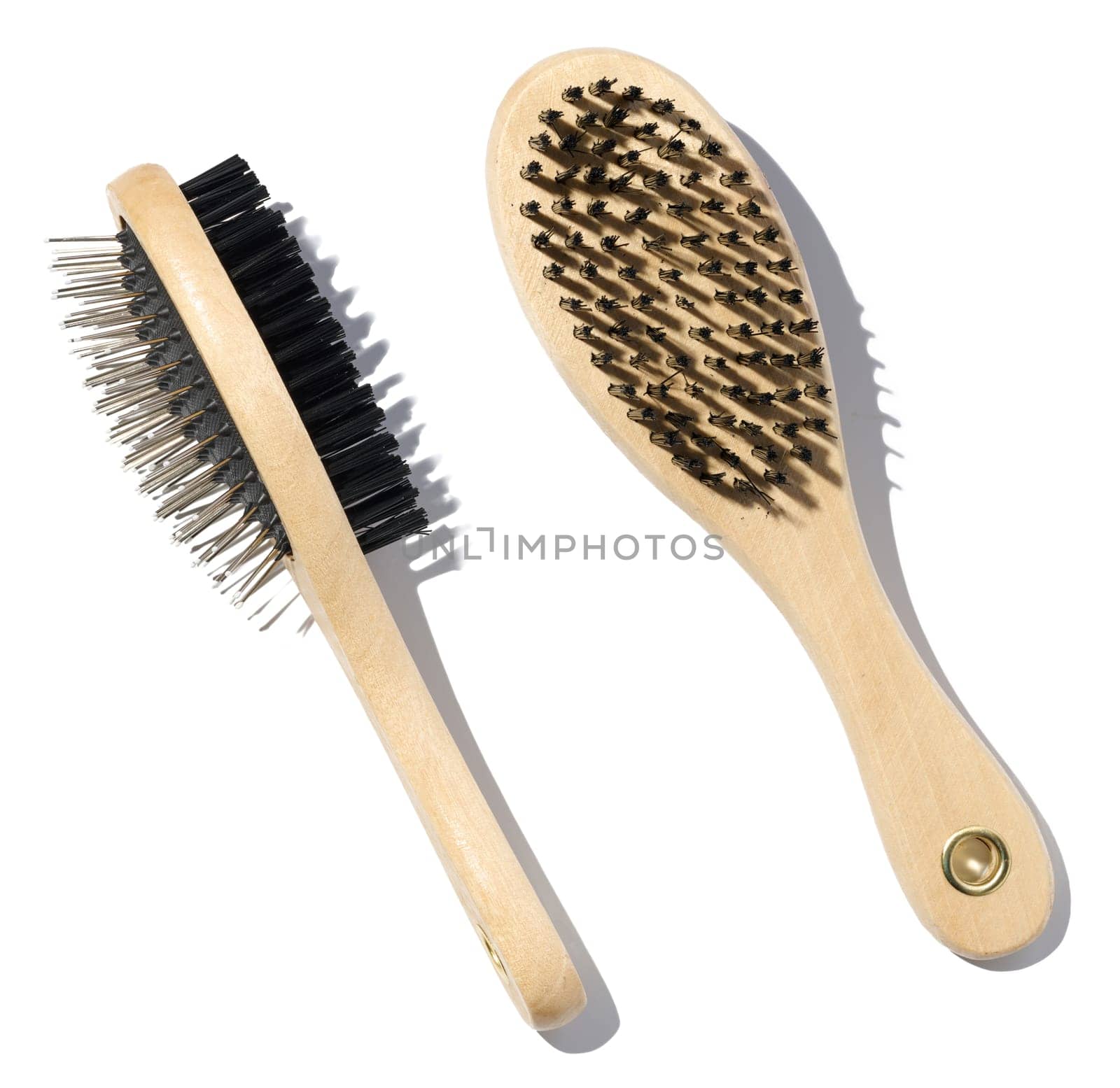 Wooden brush for animals on a white isolated background, set