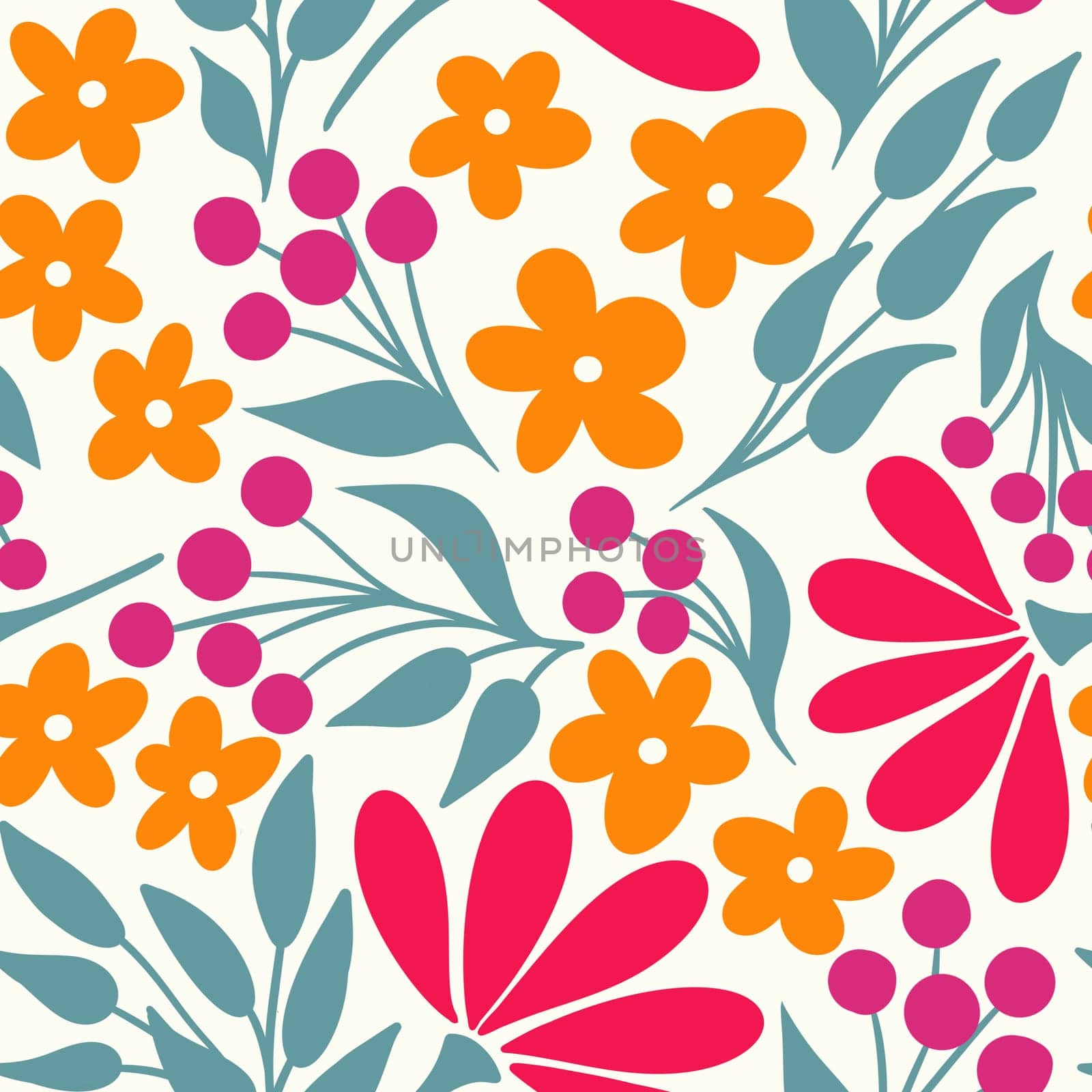 Hand drawn seamless pattern with retro flowers, vintage floral design with red orange flowers sage green leaves on off-white background. Natural colorful bright fabric print, for wallpaper textile, 50s 50s style. by Lagmar