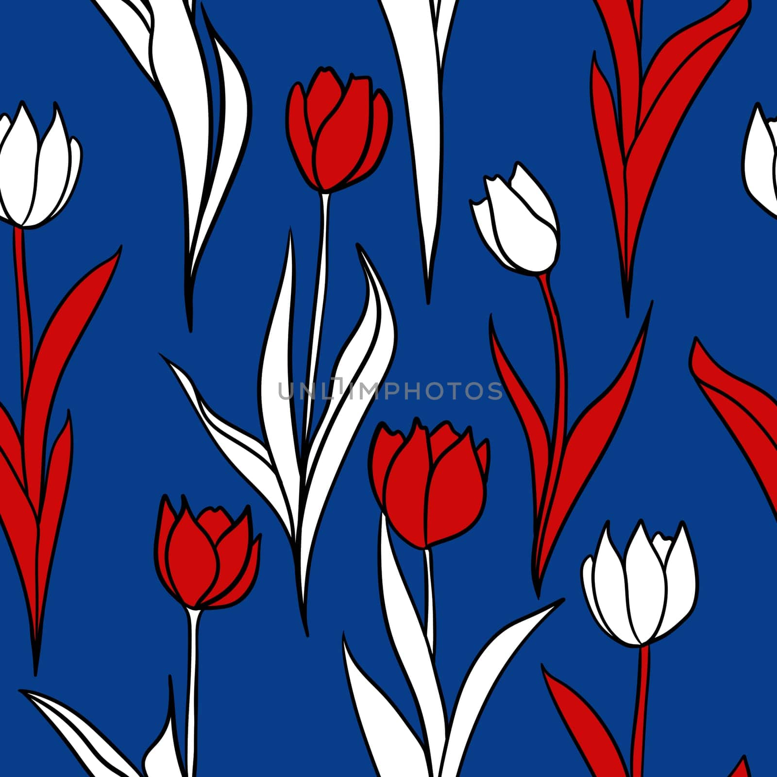 Hand drawn seamless pattern 4th of july patriotic Independence day floral tulip flower print. Red blue white fourth july american us holiday design, usa america celebration. by Lagmar
