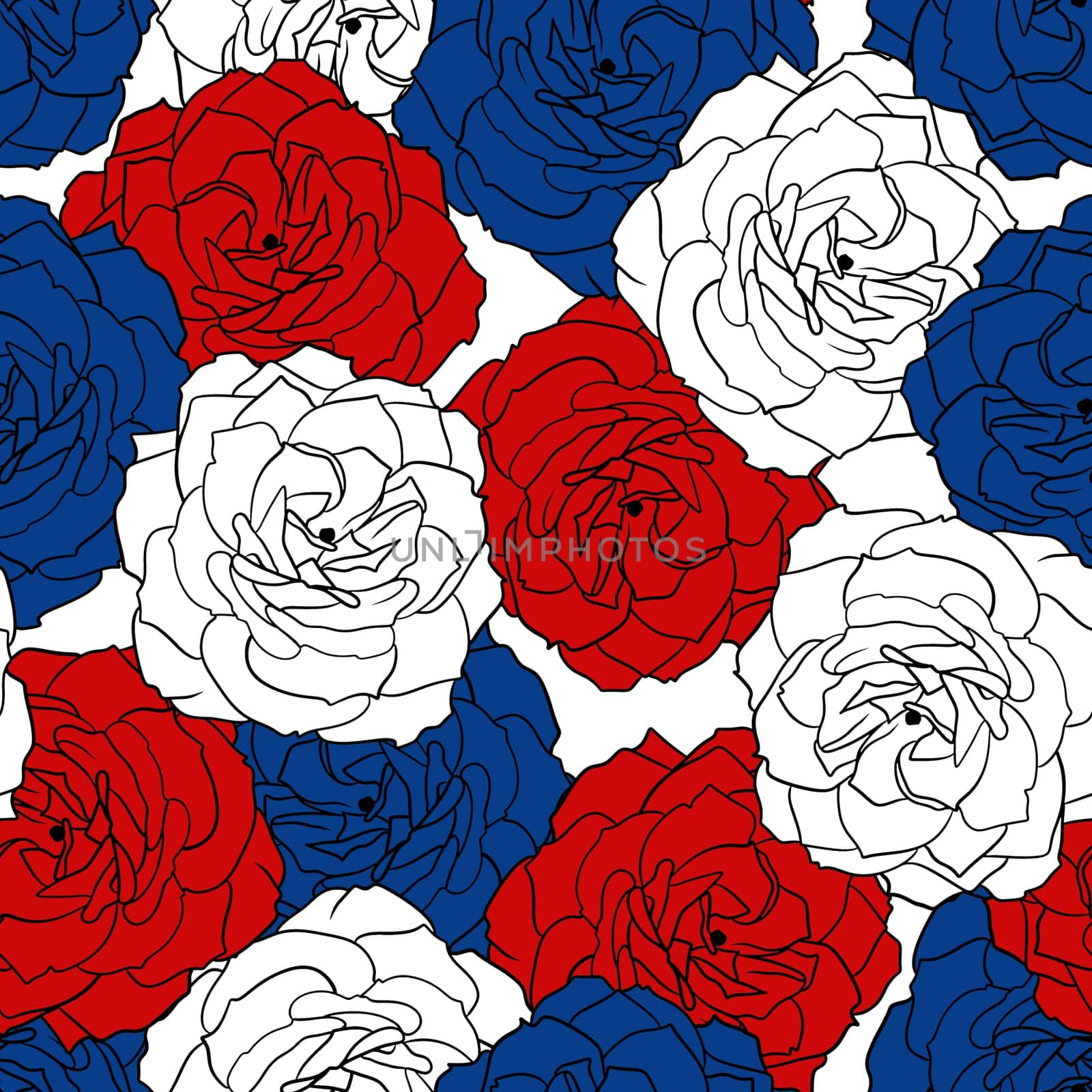 Hand drawn seamless pattern 4th of july patriotic Independence day floral rose flower print. Red blue white fourth july american us holiday design, usa america celebration