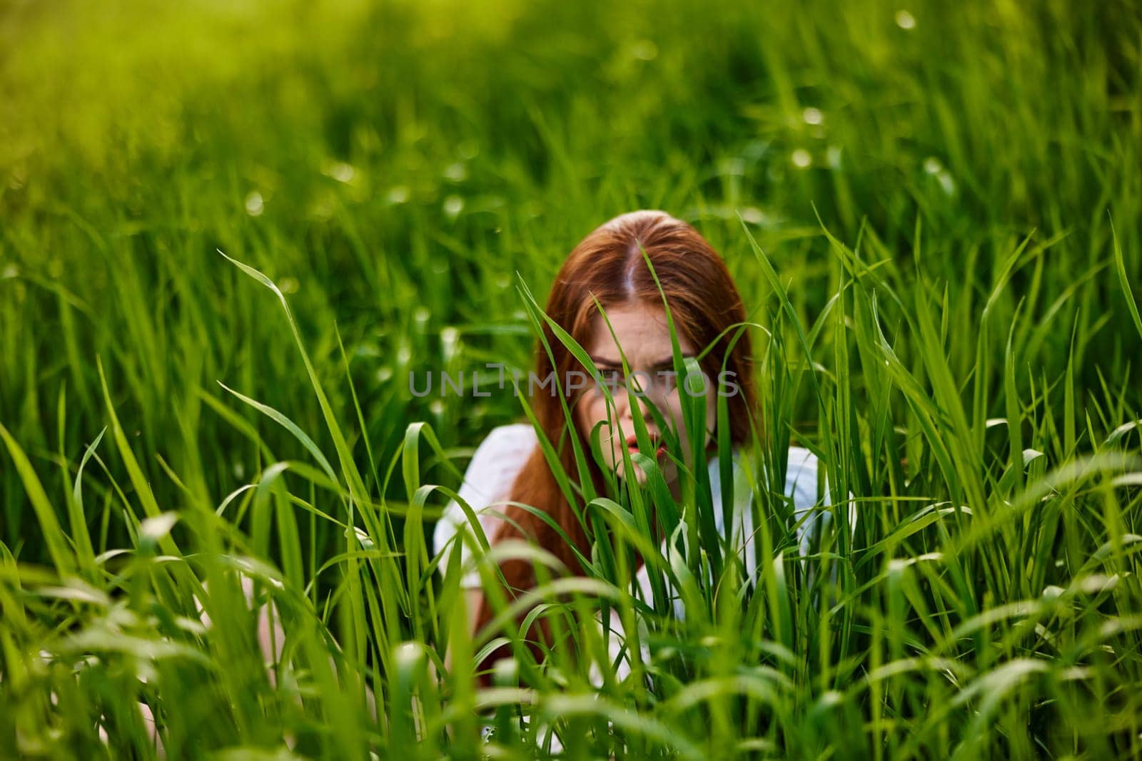 funny woman hiding in tall green grass. High quality photo