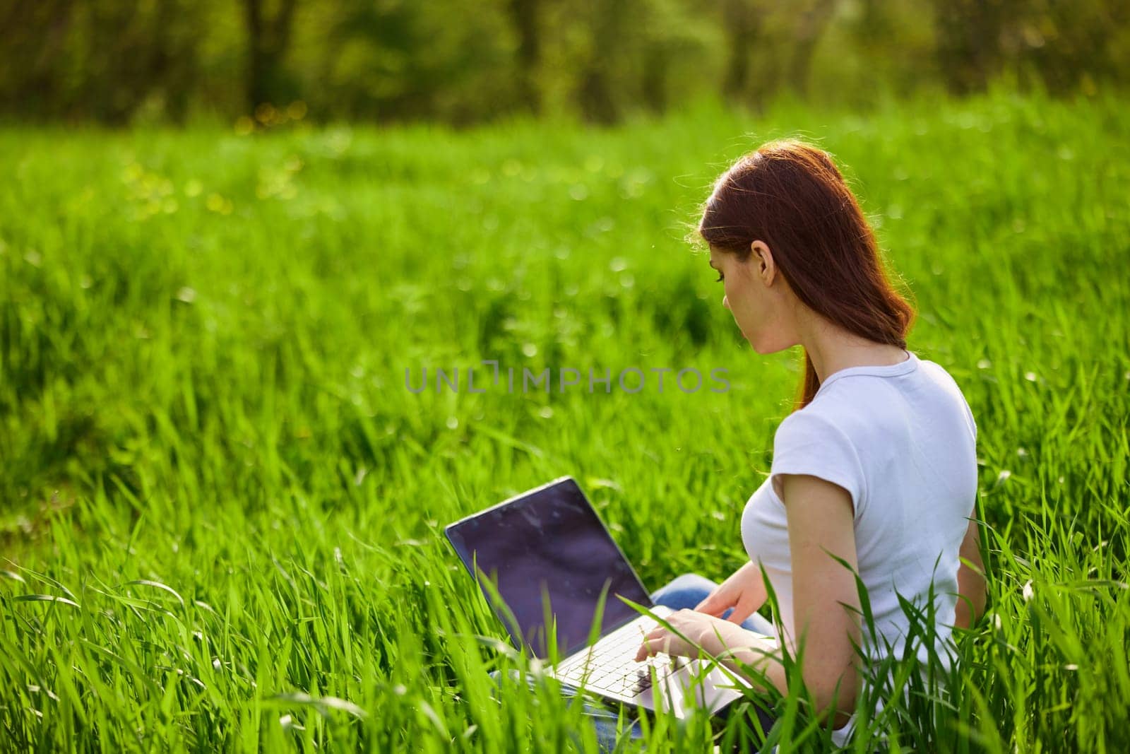 a woman with laptop sitting in a city park on the lawn on a hot summer day. High quality photo