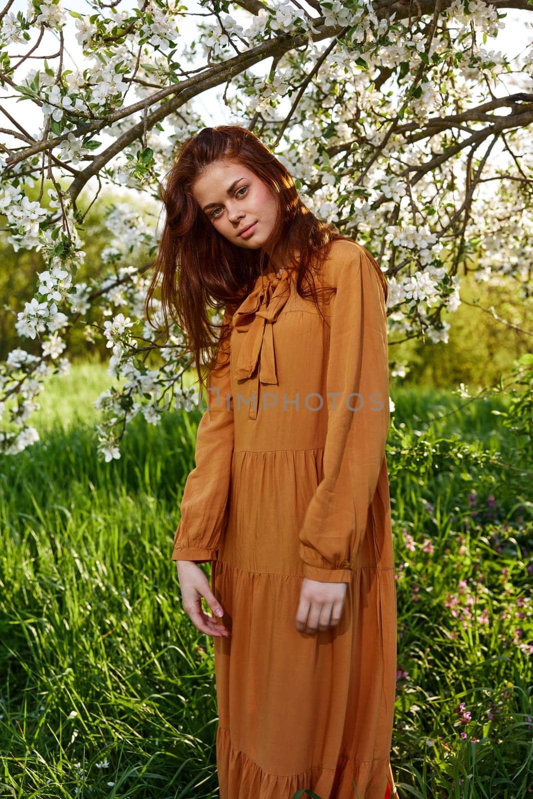 a bright vertical photo of an attractive woman in a long, stylish orange dress standing next to a flowering tree in sunny, warm weather, looking pleasantly into the camera, illuminated from the side. High quality photo