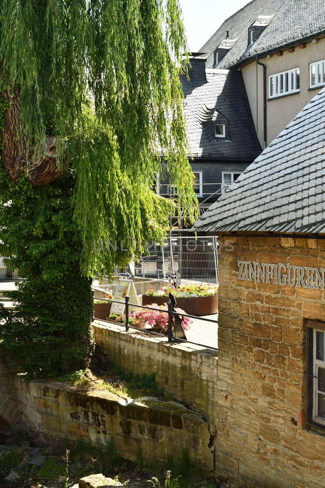 Old mill next to a weeping willow in the historic old town of Goslar in Germany