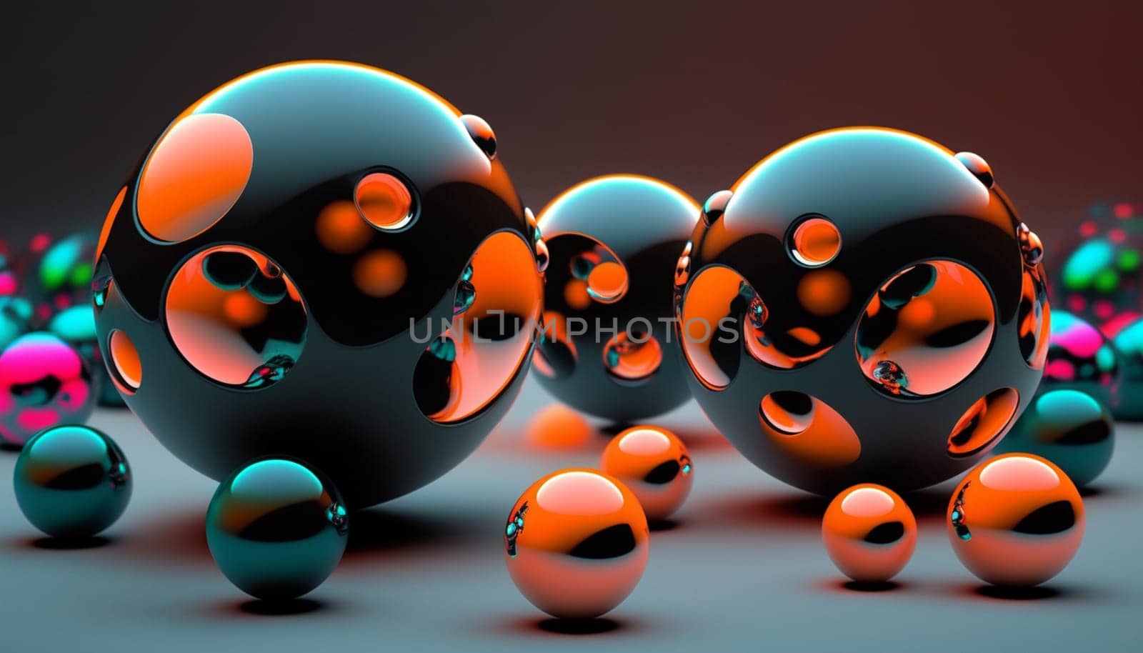 Photorealistic 3D spheres and balls of different colors. Glossy effect 3D scene, fashion abstract background by AndreyKENO