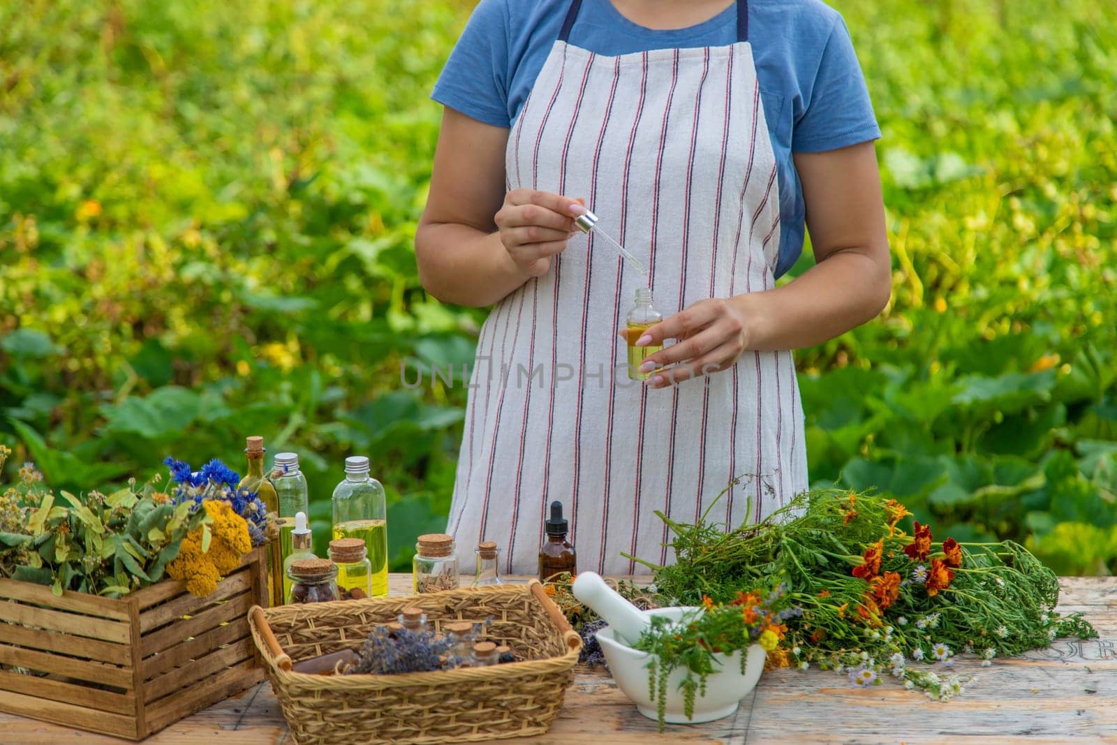Woman with medicinal herbs and tinctures. Selective focus. Nature.