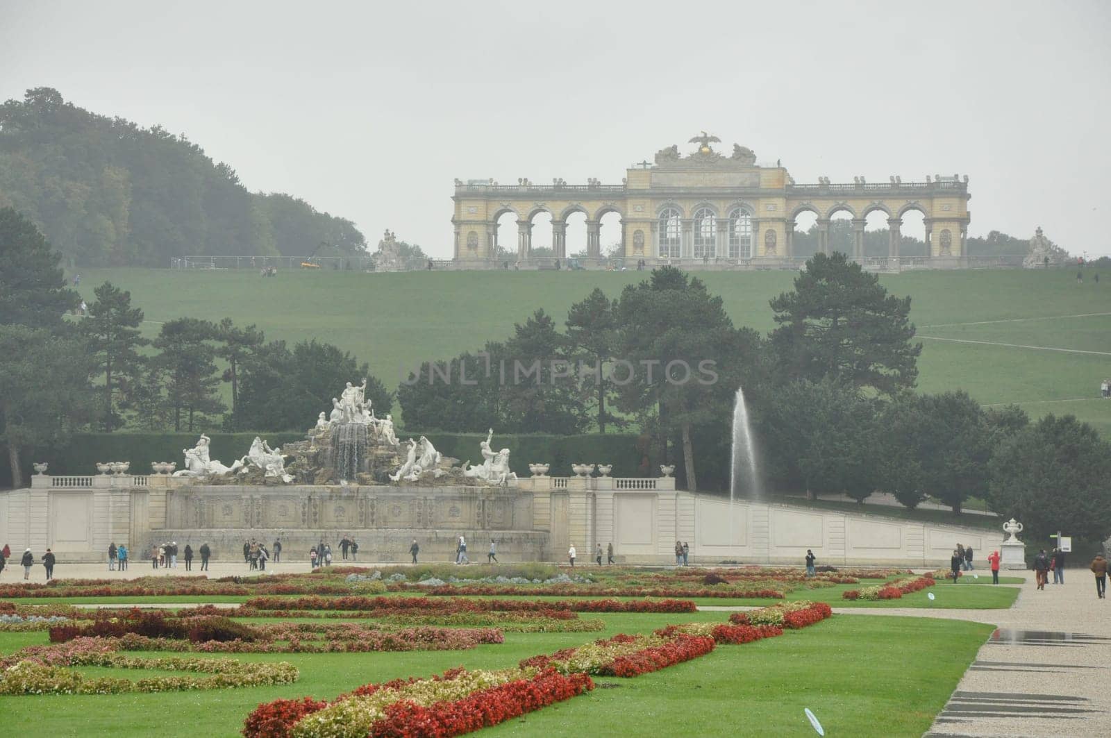 Parks and forecourt of Schoenbrunn Palace in Vienna, Austria