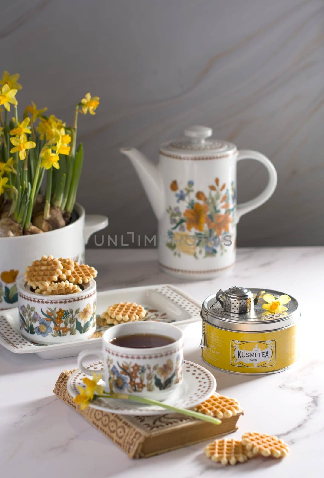 Still life with Kusmi tea and milk biscuits on the table As, Belgium, February 23, 2021