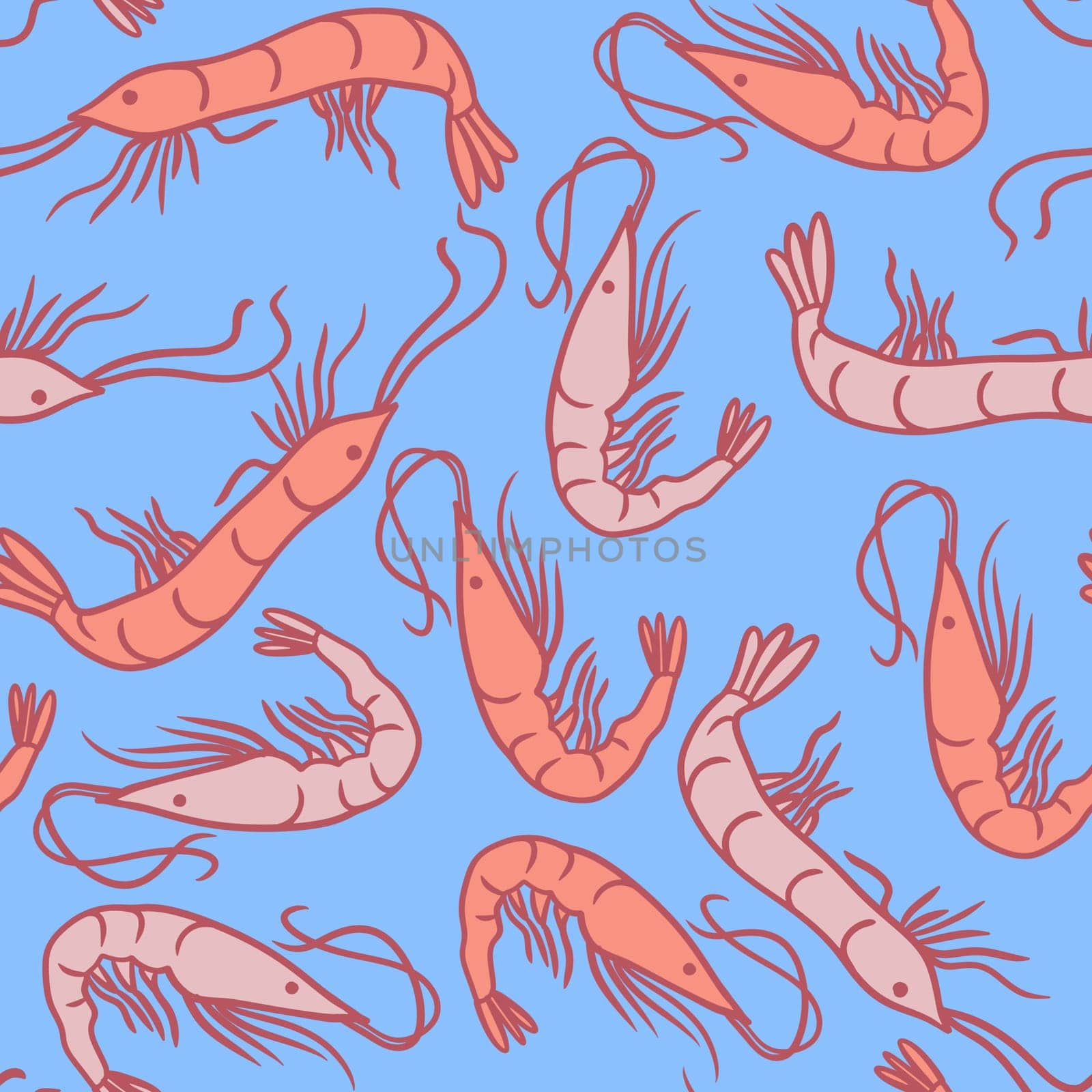 Hand drawn seamless pattern peach orange shrimps prawns on turquoise background. Marine underwater sea food, ocean restaurant cafe menu, aquatic animal creature, nautical print design. by Lagmar