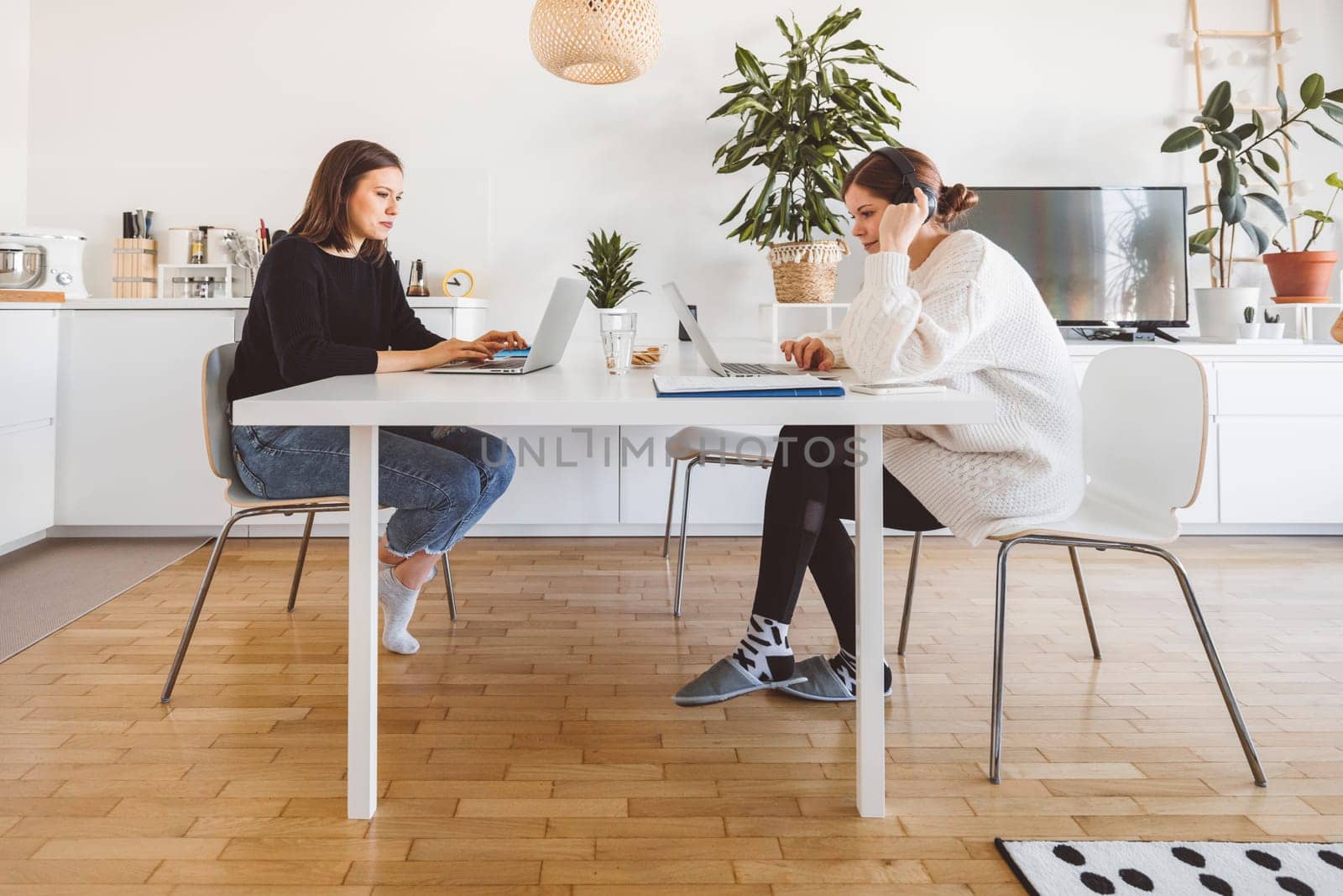 Two women roommates studying by the kitchen table on their laptop in a modern bright white apartment by VisualProductions