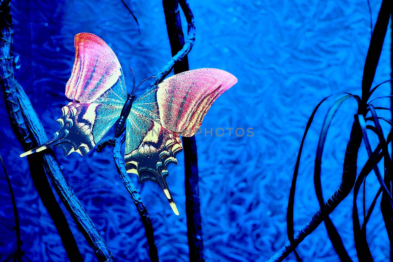 Pink azure butterfly on a night blue mystical plant background by jovani68