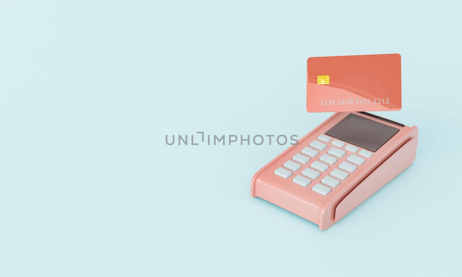 dataphone with credit card on top and space for text. minimal contactless payment concept. 3d rendering