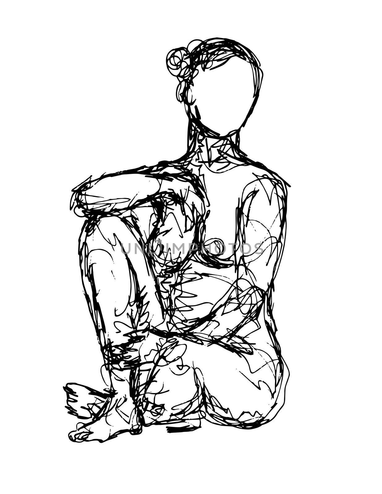 Doodle art illustration of a nude female human figure model seated, hook sitting cross-legged done in continuous line drawing style in black and white on isolated background.